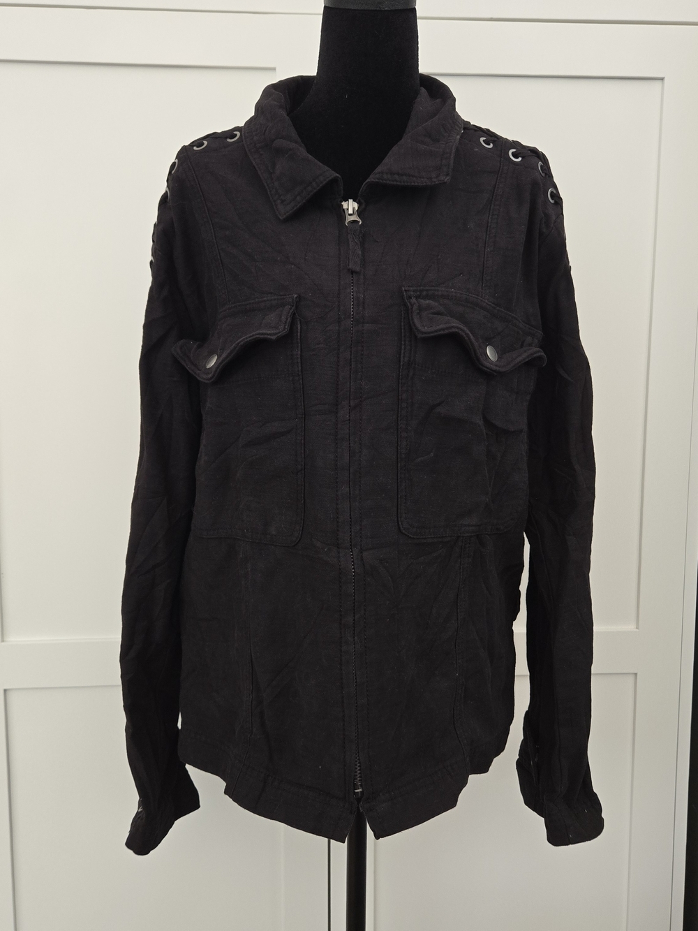 Free People Faye Military Jacket Lace Up Sleeve Black Cargo Utility Punk Goth M